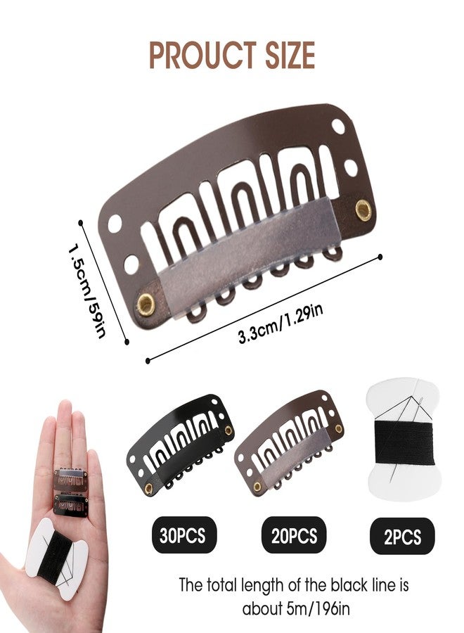 TNJPSEK 50 Pack Weave Clips for Hair Extensions, 2 Set Stainless Steel U-Shape DIY Needle & Thread Kit, 32mm 6-Teeth Snap Clips for Secure Wig & Extension Attachment (Black & Brown) - Image 2